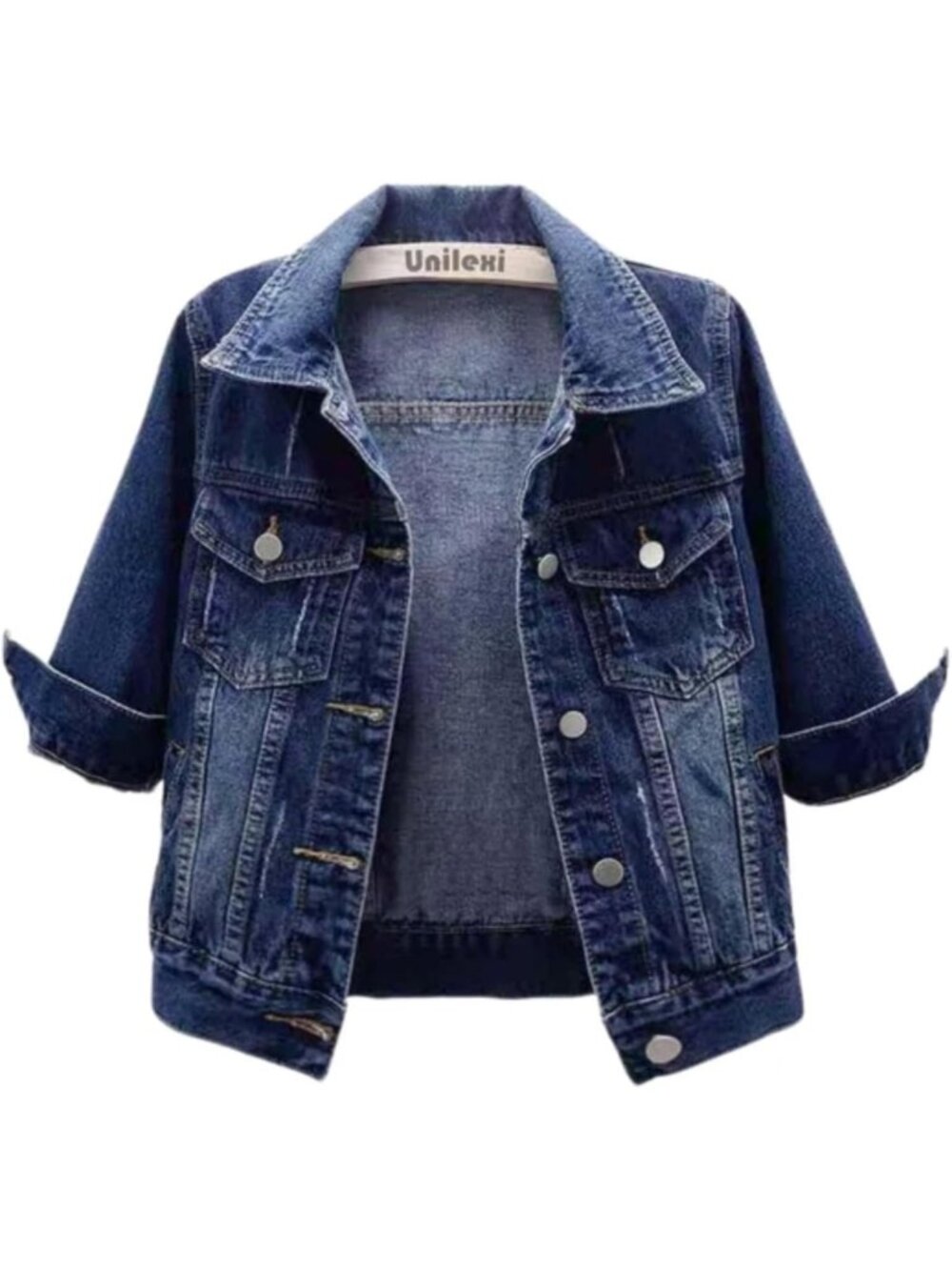 Stylish Women's Light Wash Cropped Denim Jacket with 3/4 Sleeves - Trendy